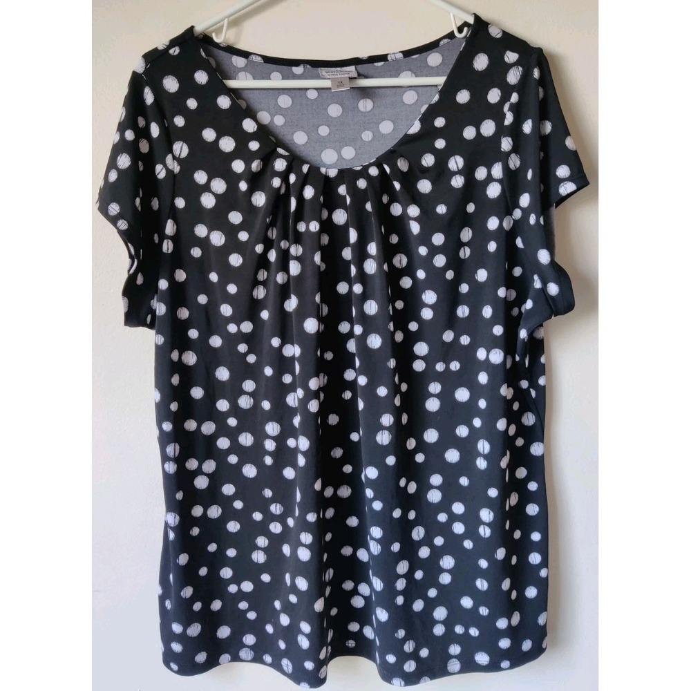 Worthington Woman Stretch Polka Dot Short Sleeve Top Black/White Flowy Size 1X